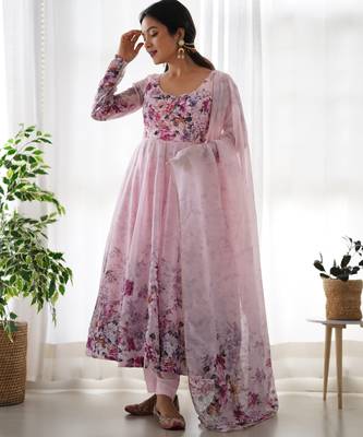 Baby pink floral print organza three piece anarkali suit 1