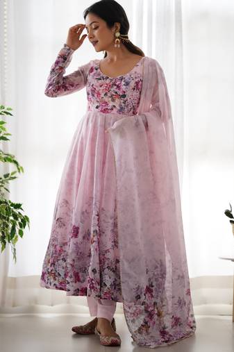 Baby pink color floral print organza three piece anarkali suit
