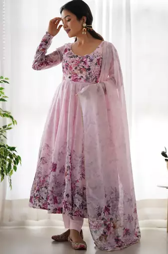 Baby pink color floral print organza three piece anarkali suit