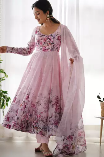 Baby pink floral print organza three piece anarkali suit