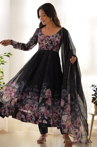 Black color floral print organza three piece anarkali suit