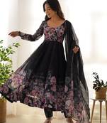 Black floral print organza three piece anarkali suit