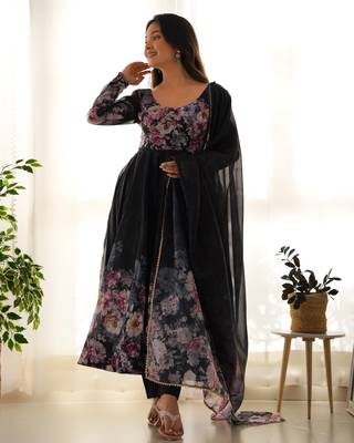 Black floral print organza three piece anarkali suit 3