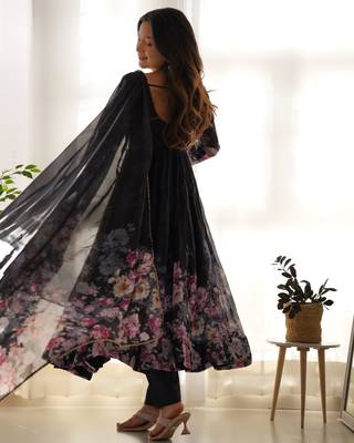 Black floral print organza three piece anarkali suit 4