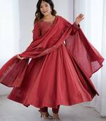 Red color georgette lucknowi three piece anarkali suit