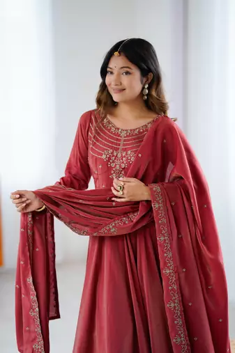 Red georgette lucknowi three piece anarkali suit