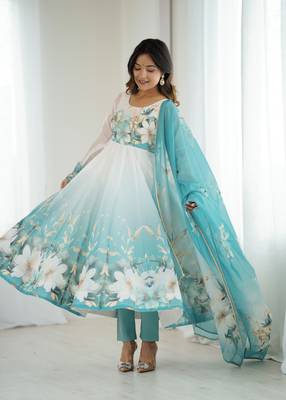 Aqua blue floral print organza three piece anarkali suit 1