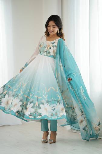 Aqua blue floral print organza three piece anarkali suit