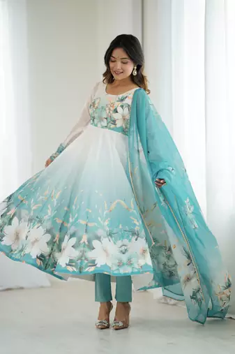 Aqua blue floral print organza three piece anarkali suit