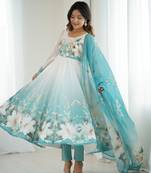 Aqua blue floral print organza three piece anarkali suit