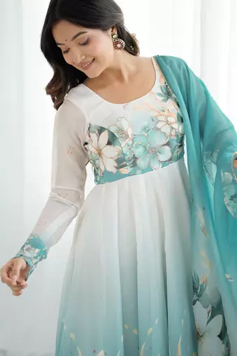 Aqua blue floral print organza three piece anarkali suit