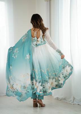 Aqua blue floral print organza three piece anarkali suit 4