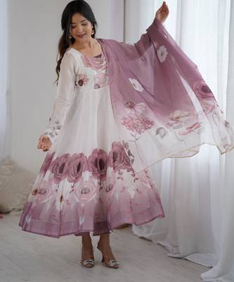 Onion pink floral pure soft tebby organza three piece anarkali suit 1