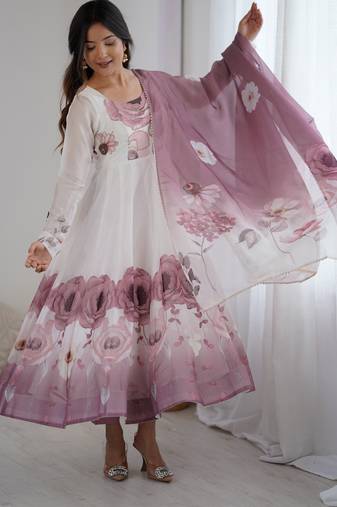 Onion pink color floral pure soft tebby organza three piece anarkali suit