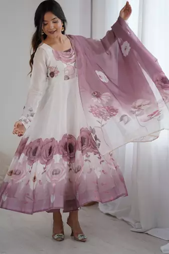 Onion pink color floral pure soft tebby organza three piece anarkali suit
