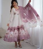 Onion pink color floral pure soft tebby organza three piece anarkali suit