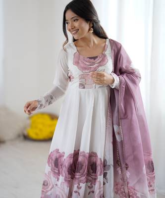 Onion pink floral pure soft tebby organza three piece anarkali suit 2