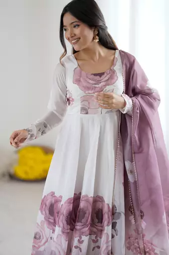 Onion pink floral pure soft tebby organza three piece anarkali suit