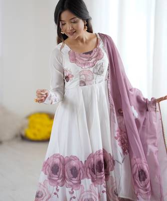 Onion pink floral pure soft tebby organza three piece anarkali suit 3