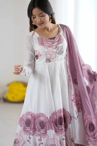 Onion pink floral pure soft tebby organza three piece anarkali suit