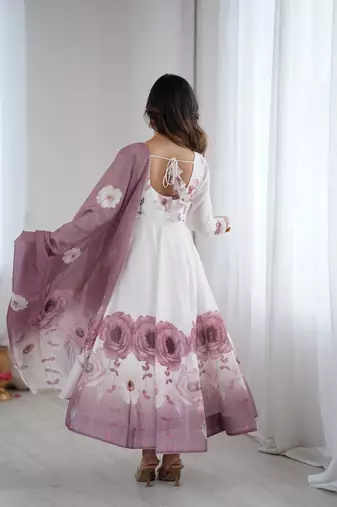 Onion pink floral pure soft tebby organza three piece anarkali suit