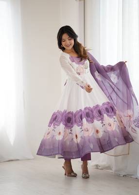 Violet floral pure soft tebby organza three piece anarkali suit 1