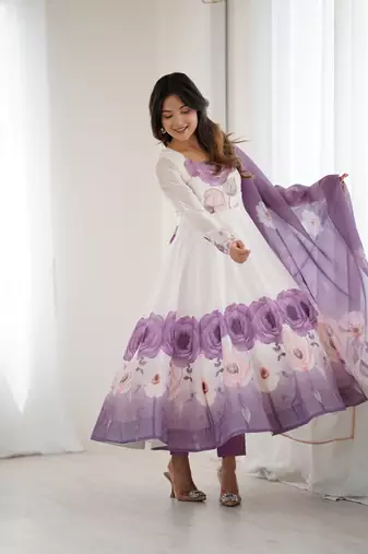 Violet color floral pure soft tebby organza three piece anarkali suit