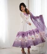 Violet color floral pure soft tebby organza three piece anarkali suit