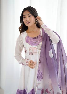 Violet floral pure soft tebby organza three piece anarkali suit 2