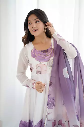 Violet floral pure soft tebby organza three piece anarkali suit