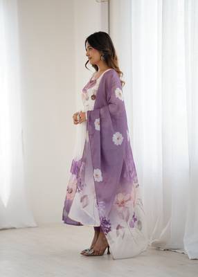 Violet floral pure soft tebby organza three piece anarkali suit 4