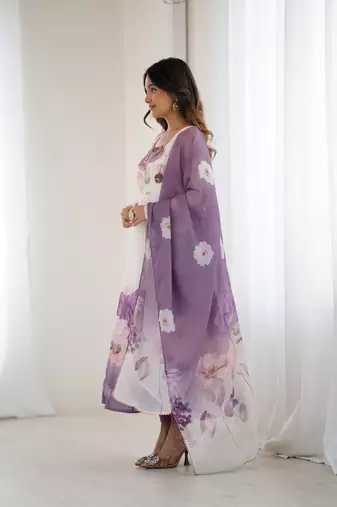Violet floral pure soft tebby organza three piece anarkali suit