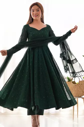 Green color georgette lucknowi three piece anarkali suit