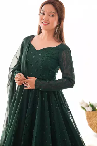 Green georgette lucknowi three piece anarkali suit