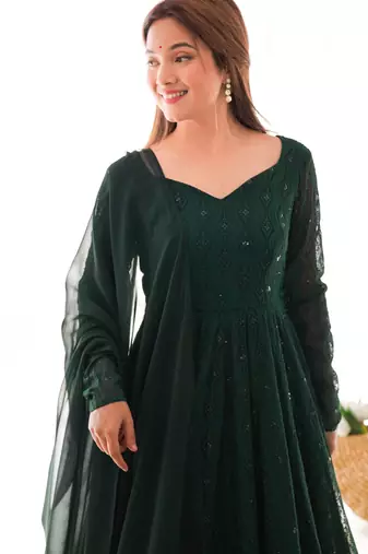 Green georgette lucknowi three piece anarkali suit