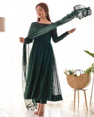 Green georgette lucknowi three piece anarkali suit 4