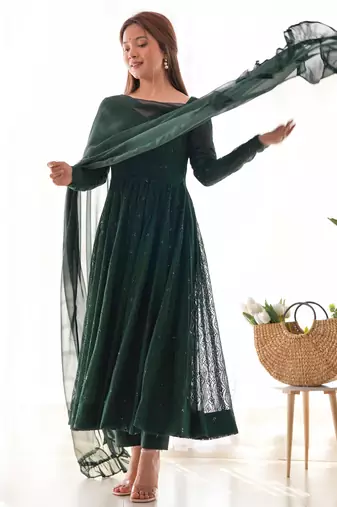Green georgette lucknowi three piece anarkali suit