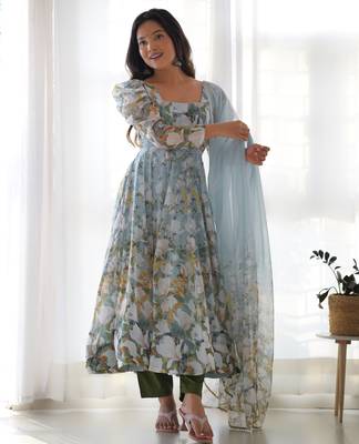 Sky pure soft organza three piece anarkali suit 1