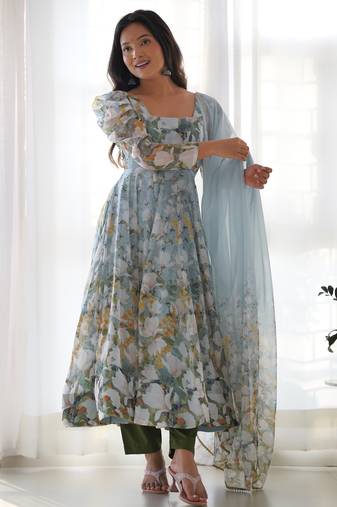 Sky color pure soft organza three piece anarkali suit