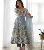 Sky color pure soft organza three piece anarkali suit