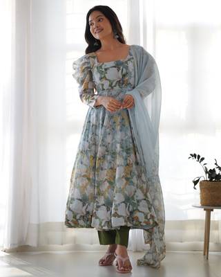 Sky pure soft organza three piece anarkali suit 3