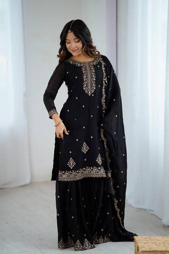 Black color crunchy silk sharara suit