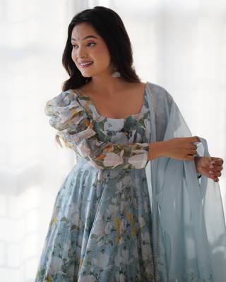 Sky pure soft organza three piece anarkali suit 4