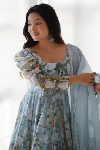 Sky pure soft organza three piece anarkali suit