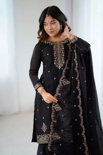 Black crunchy silk sharara suit