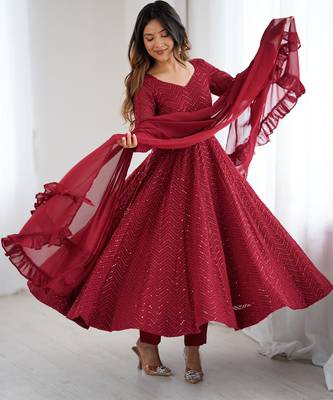 Maroon georgette lucknowi three piece anarkali suit 1