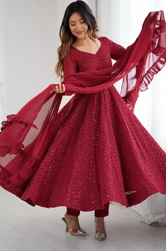 Maroon color georgette lucknowi three piece anarkali suit