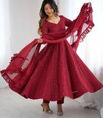 Maroon color georgette lucknowi three piece anarkali suit