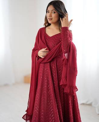 Maroon georgette lucknowi three piece anarkali suit 2