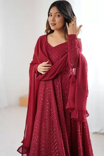 Maroon georgette lucknowi three piece anarkali suit